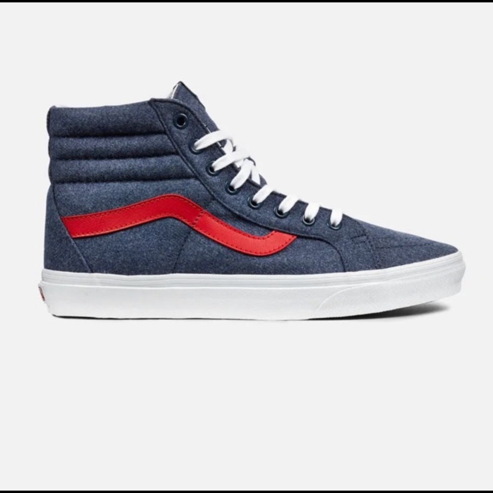 Vans varsity sk8 hi reissue denim with red. Men’s size 11.5